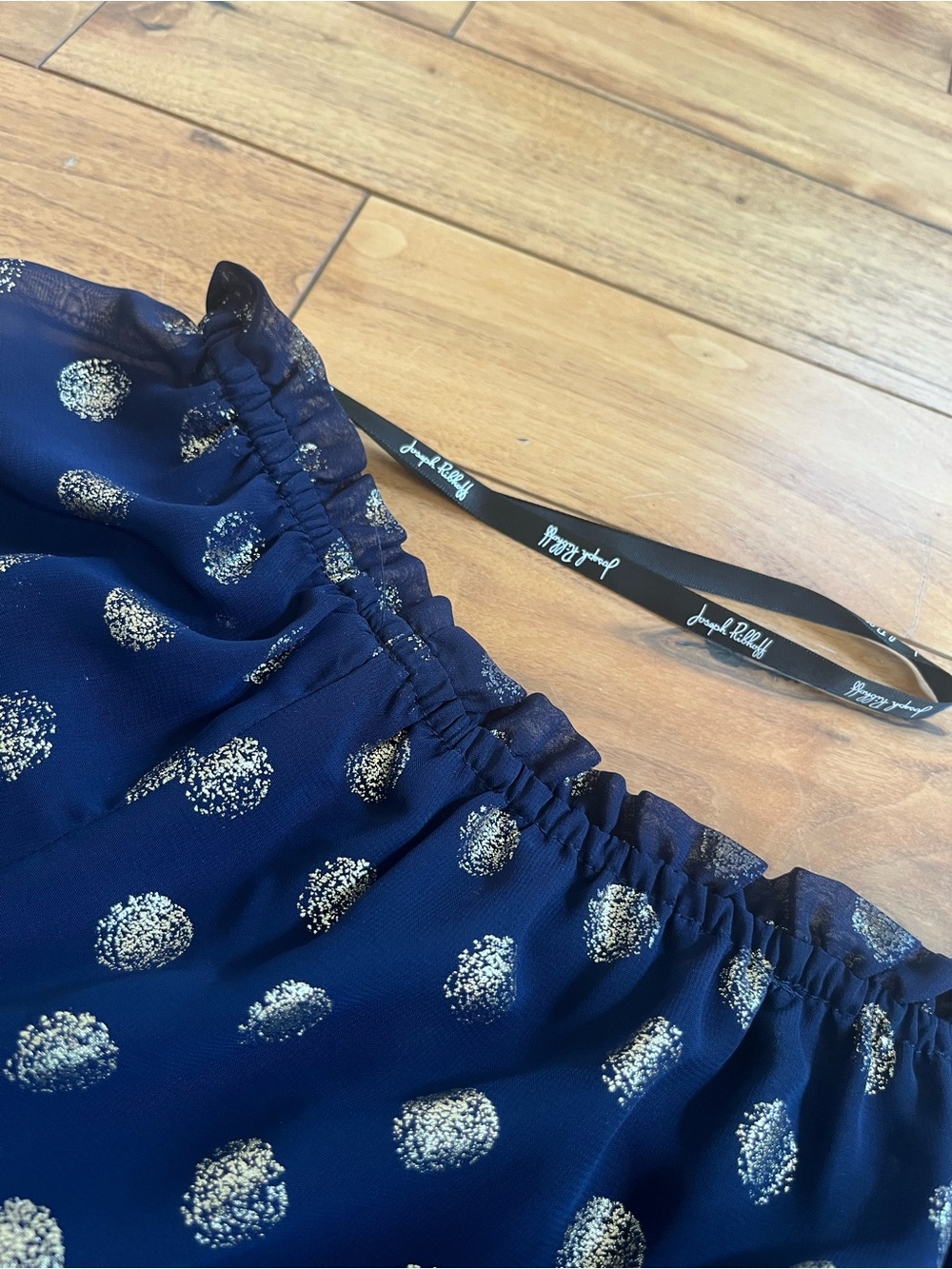 Joseph Ribkoff Navy and Gold Polka Dot Off-Shoulder Pillow Sleeve Ruffle Blouse - Picture 12 of 12